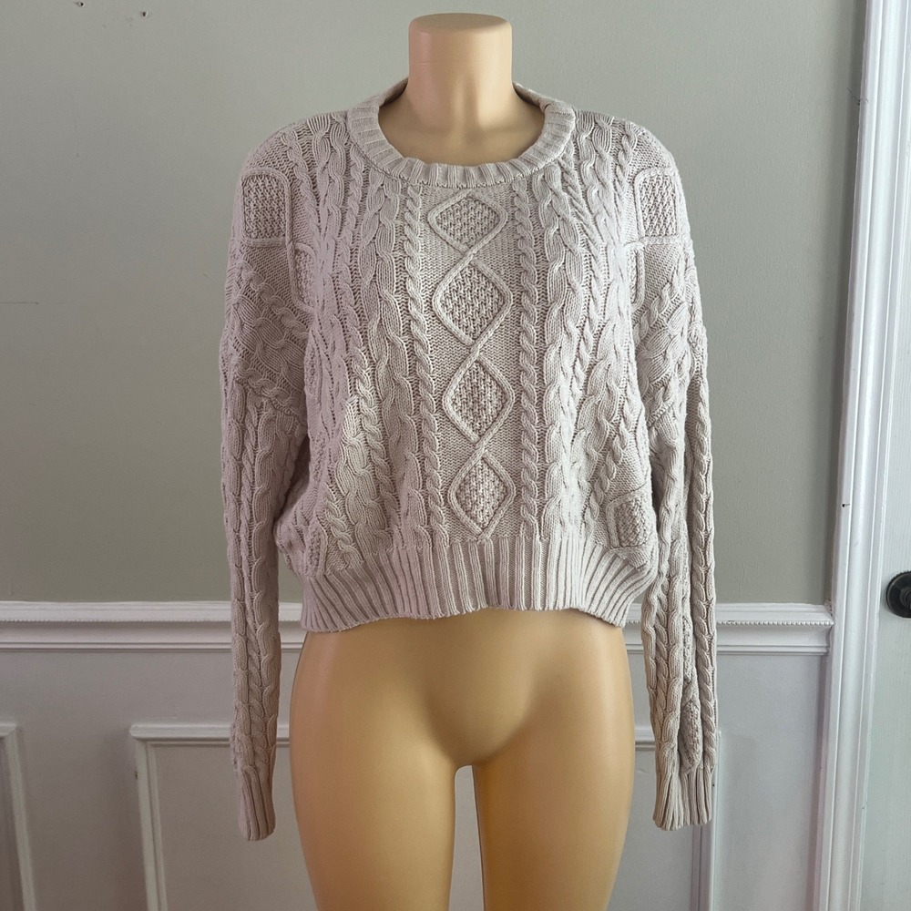 Hippie Rose Cable Knit Sweater Womens Large Ivory Cropped Boho Coastal Cozy